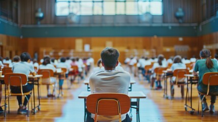 A teacher supervises middle school students taking exams at their desks in a school exam room.