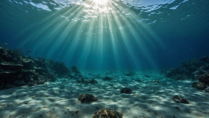 Fototapeta premium Sun rays penetrating crystal-clear underwater scene.