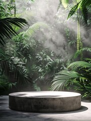 Stone Podium for Product Presentation with Tropical Leaves. Exotic and Natural Display. Nature-Inspired Branding, and Eco-Friendly Promotions. Products with a Lush and Green Background.