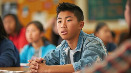 Obraz premium Asian male high school student presenting his ideas and work in class to his classmates and teacher in the classroom.