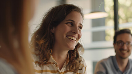 A woman, smiling and warmly engaged in a conversation at an indoor social gathering, surrounded by friends in a cozy setting.