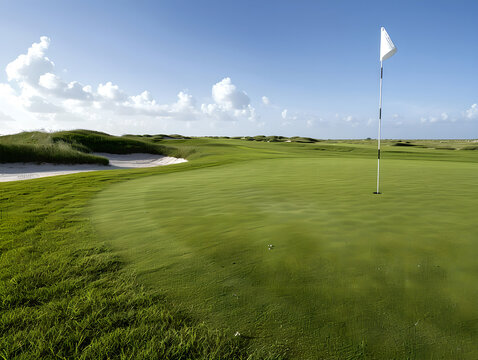 Scenic golf course green with flag and sand bunker