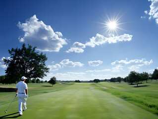 Obraz premium Golfer on Sunny Course with Blue Sky and Clouds
