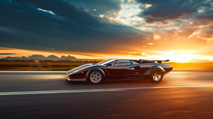 A classic black sports car speeds down the highway at sunset, with dramatic skies adding to the sense of freedom and adventure.