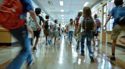 A group of elementary school students running happily and enthusiastically along the school corridor.