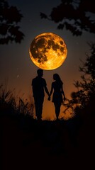 Silhouetted Couple Embracing Under a Captivating Full Moon in a Magical Night Landscape