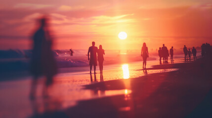 Fototapeta premium Silhouetted people stroll along a beach at sunset, with a vibrant orange sky reflecting off the wet sand, creating a serene atmosphere.