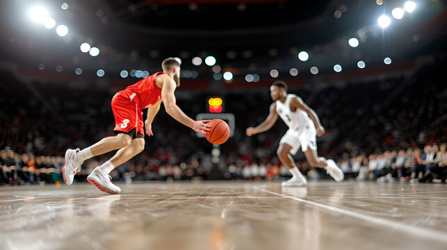 Intense Basketball Duel in Illuminated Arena