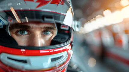 Fototapeta premium Intense focus of race car driver in helmet closeup