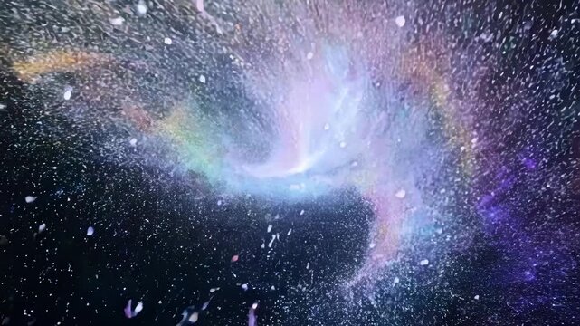 A hypnotic display of vivid particles simulate the unpredictable and chaotic nature of a torrential downpour.