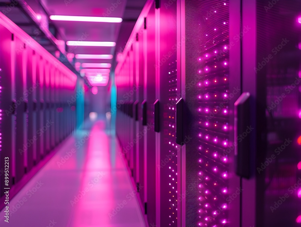 Poster glowing high tech data center with rows of illuminated server racks in modern industrial architectur