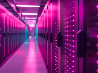 Glowing High Tech Data Center with Rows of Illuminated Server Racks in Modern Industrial Architecture