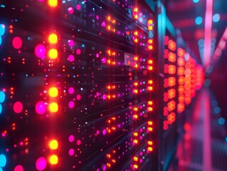 Rows of Glowing Servers in a High Tech Data Center Modern Industrial Technology Concept
