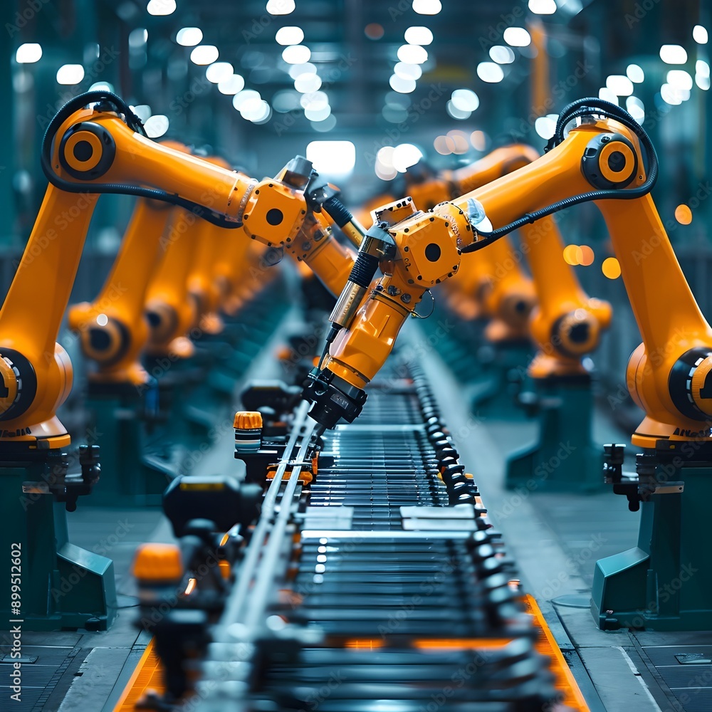 Poster automated robotic assembly line producing automotive parts with precision engineering