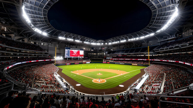 Illuminated baseball stadium with crowded stands at night
