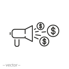 megaphone with dollar coins icon, loudspeaker forbusiness marketing,  money save, line vector illustration