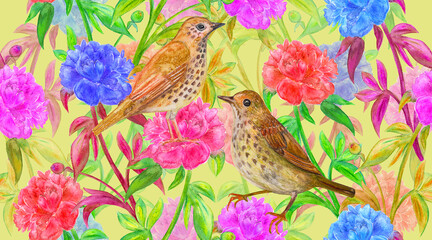 watercolor seamless texture with multicolor peony flowers and couple of brown birds on yellow green background