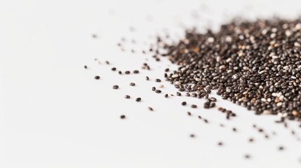 Chia seeds spread in a diagonal line on a white surface, known for their nutritional benefits in healthy diets. Organic and natural, perfect for a healthy lifestyle