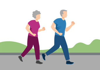 Happy elderly couple running at summer park vector flat illustration. Mature man and woman in sportswear having physical activity. Jogger pair practicing outdoor sport together.