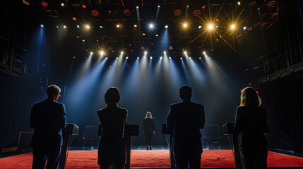 Candidates participating in a political debate on stage, under bright spotlights, facing the audience in a formal setting.