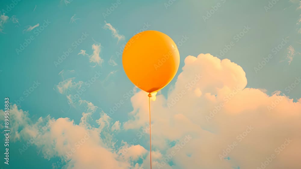 Poster A yellow balloon is floating in the sky above a blue sky. The balloon is the only object in the image, and it is the main focus of the scene. Concept of freedom and lightness