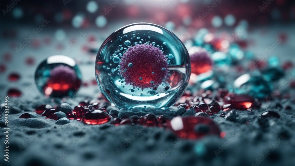 Poster viral microcosm: a microscopic view of a virus captured in a crystal sphere, surrounded by smaller d