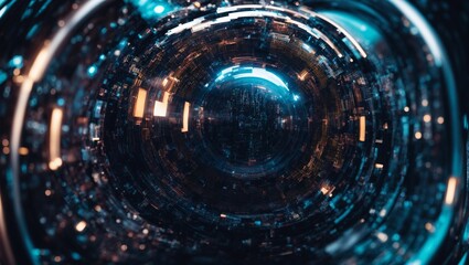 Obraz premium Cybernetic Gaze: A mesmerizing digital rendering of a futuristic lens, radiating vibrant teal and orange hues, draws the viewer into its intricate, mechanical depths. 