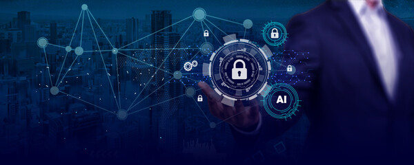 Data protection and cyber security. commercial and financial data connected to a virtual network, a clever defense against cyberattack, and innovative technology