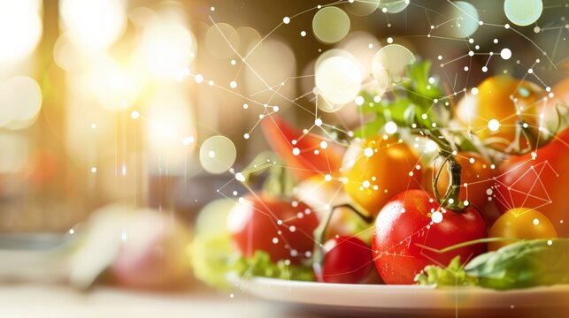 Close-up of tomatoes with technological network overlay. Healthy eating and digital health tracking.
