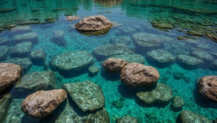 Crystal clear water with stones at the lake bottom