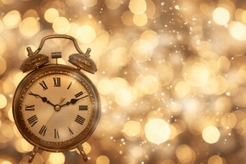 A gold clock with roman numerals on it sits on a blurry background
