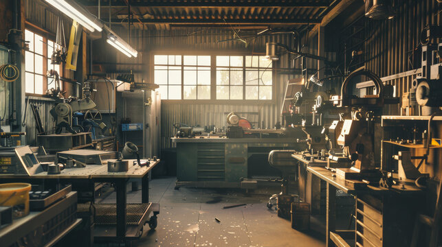 Afternoon light floods a cluttered but orderly workshop, highlighting workbenches, tools, and machinery in a scene of industrious creativity and focus.