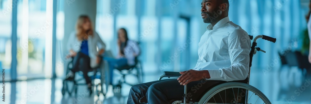 Poster Man in wheelchair in an office with warm lighting. Emphasizing accessibility and supportive environments.