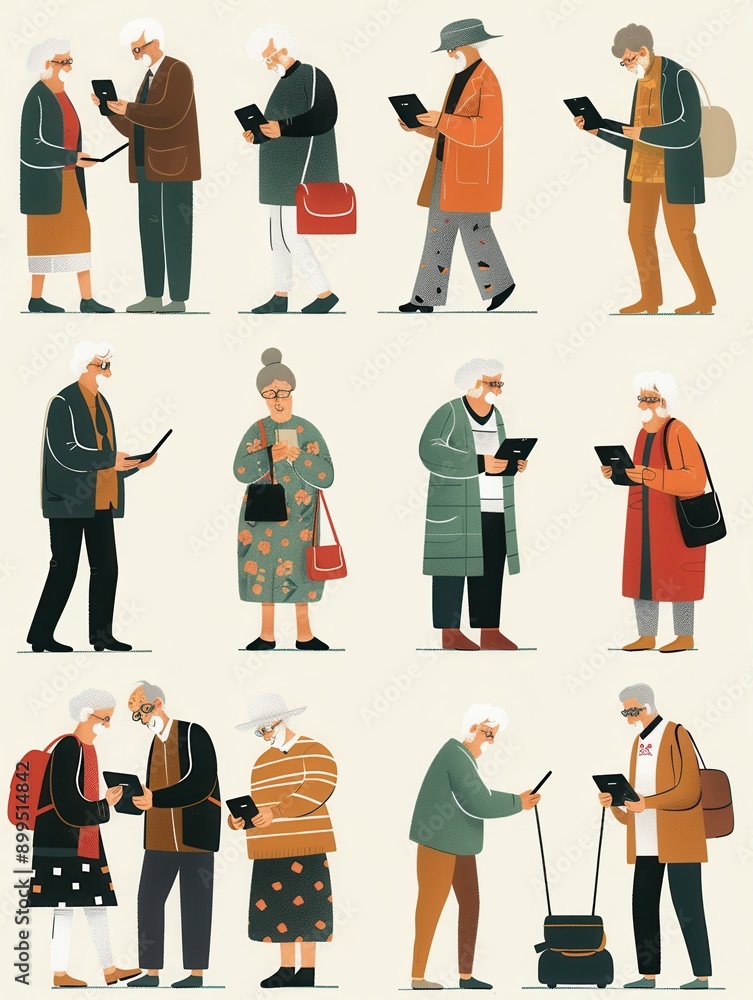 Aufkleber elderly individuals interact with devices in diverse urban scenarios, showcasing their adaptability 