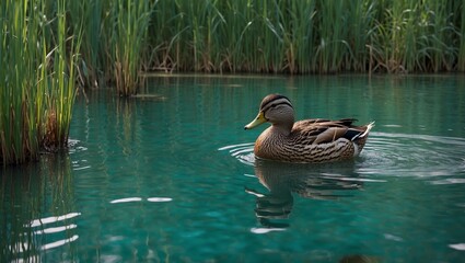 Obraz premium Duck swimming in clear blue water among green reeds