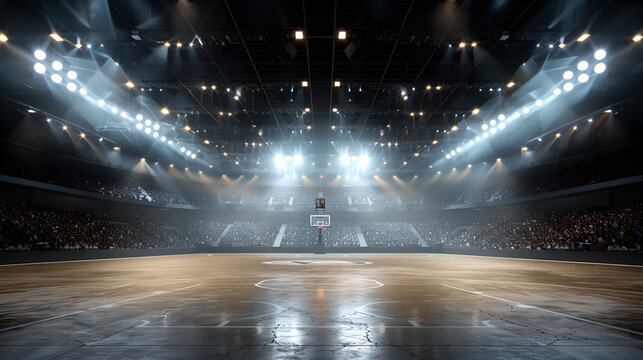 Illuminated Basketball Arena with Empty Court