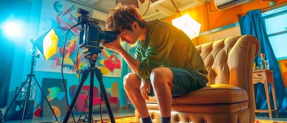 Young photographer in a colorful studio, focusing on capturing the perfect shot using professional camera and equipment.