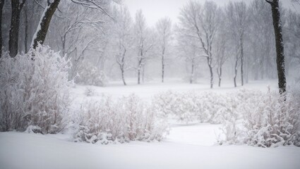 Naklejka premium Winter's Embrace: A serene snowy landscape blankets a tranquil forest, with snow-laden trees and bushes creating a picturesque winter wonderland. 