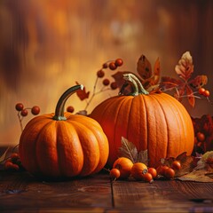 Autumn Harvest Glowing Pumpkins on Rustic Wooden Table