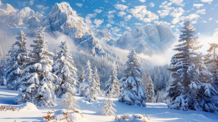 Fototapeta premium A snowy mountain range with trees covered in snow