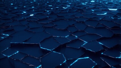 Fototapeta premium Cybernetic Fracture: A mesmerizing expanse of fractured, glowing blue hexagons, evoking a futuristic or technological theme.