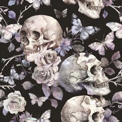 Watercolor Skull and Roses Seamless Pattern