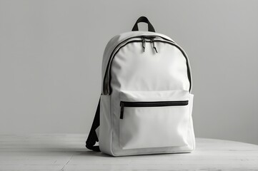 Front view of a white schoolbag mockup in a white room
