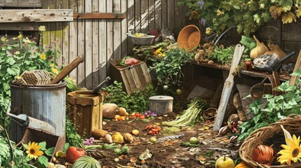 Fototapeta premium A messy garden with a lot of vegetables and fruits scattered around