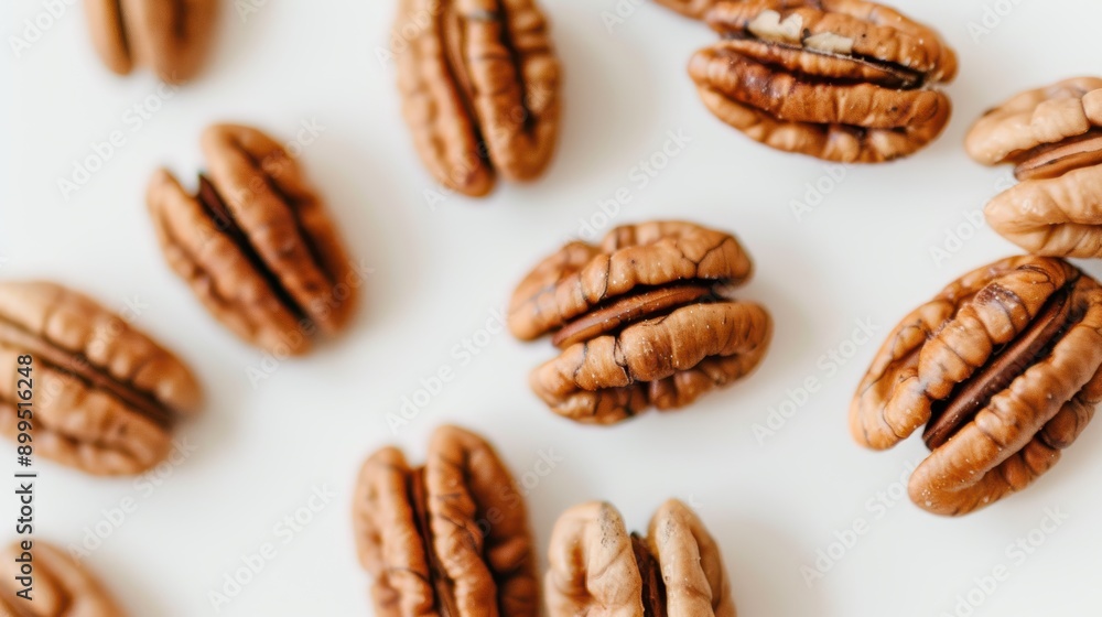 Aufkleber arranged pecan nuts on white background, creating pattern. rich brown color adds warmth, highlightin