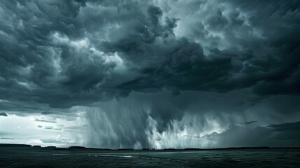 Obraz premium Dramatic Stormy Sky Pouring Heavy Rain Over Moody Landscape