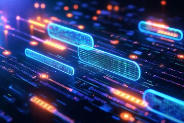 AI Chatbot. AI data chat icons flying over digital surface with codes