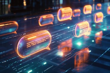 AI Chatbot. AI data chat icons flying over digital surface with codes