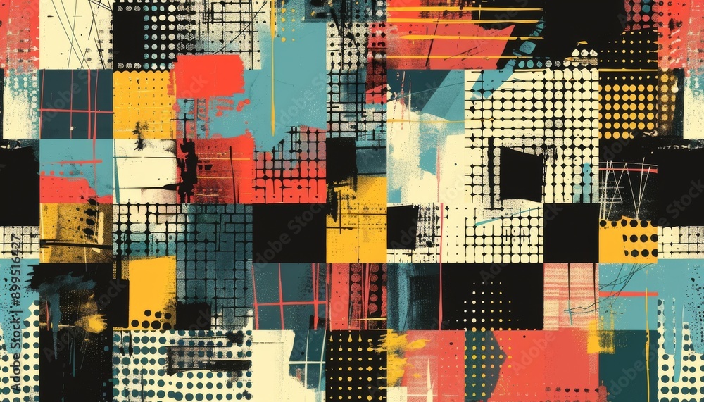 Poster abstract geometric background with pattern of red, yellow, blue blocks and dots