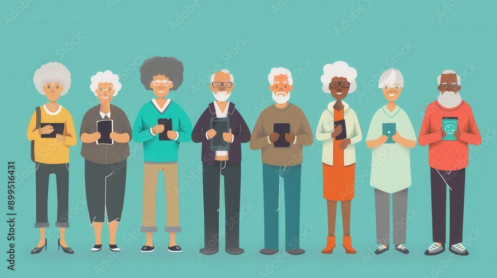 Poster a group of elderly people is actively using mobile devices, showcasing their engagement with technol
